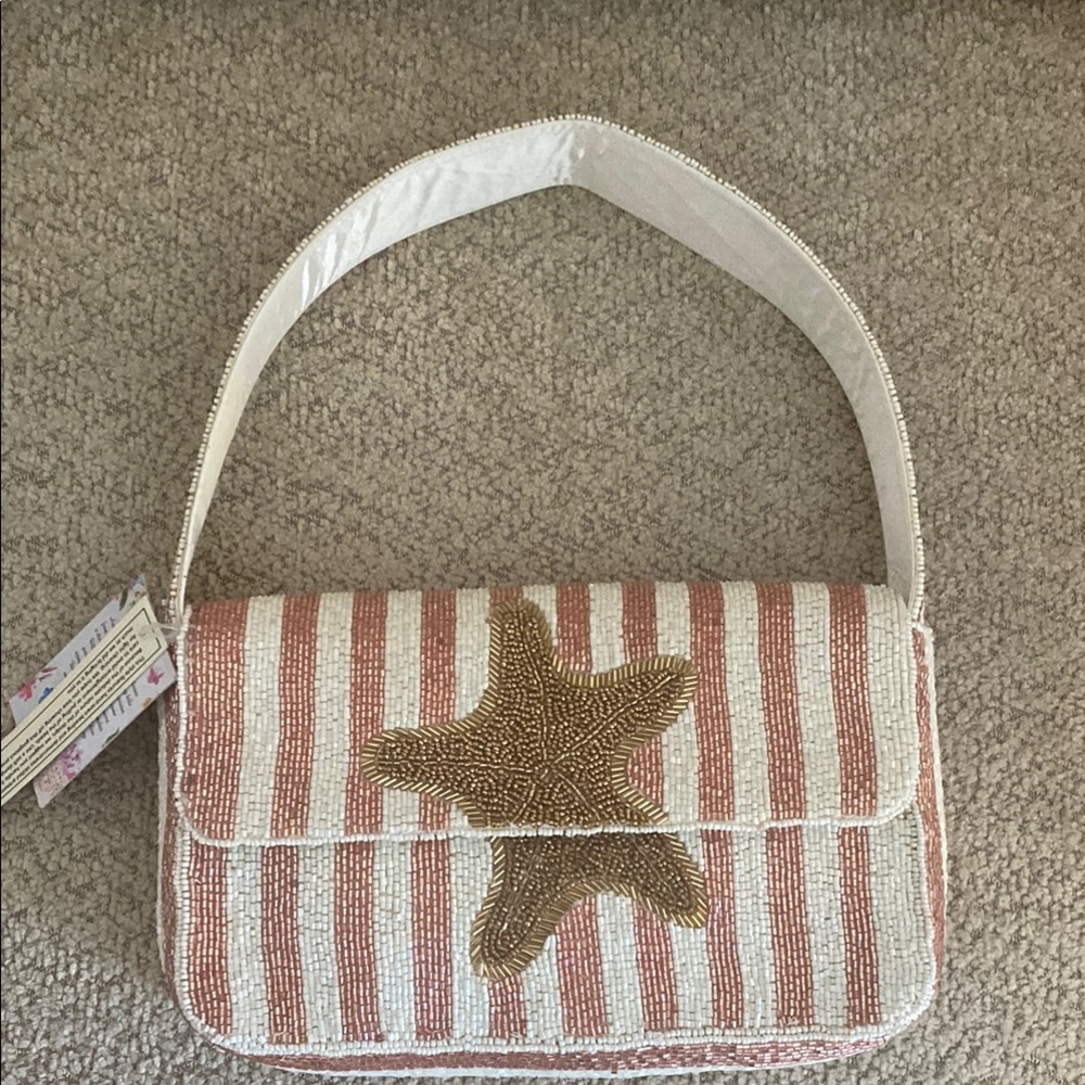 Tjmaxx Viral Striped Pink & White Beaded Shoulder Bag with Gold Starfish Accent